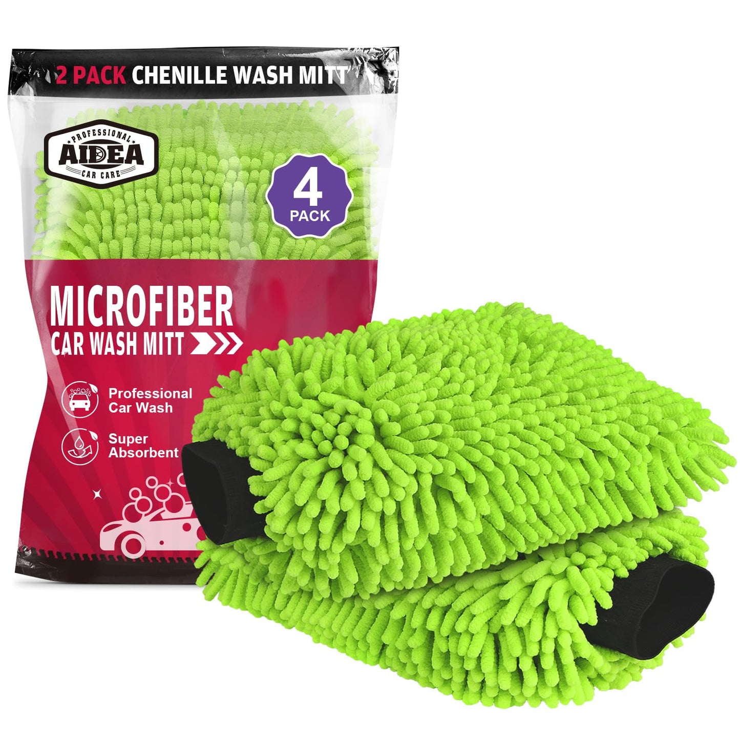 AIDEA Car Wash Mitt Microfiber, 4PK,Car Wash Brush, Green 8''X12''
