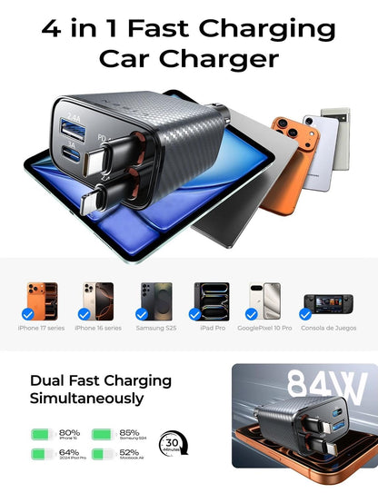 LISEN Retractable Car Charger, 84W Car Charger USB C Fast Charge, 4 in 1