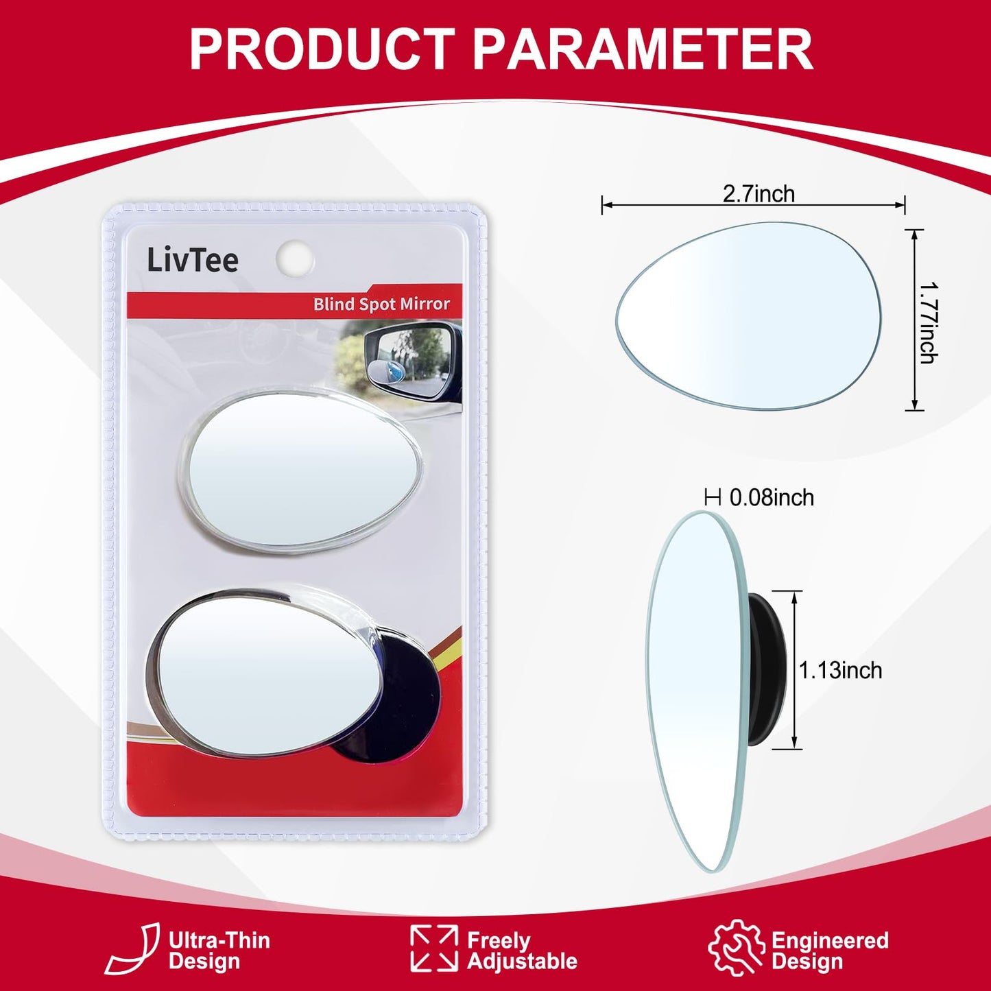 LivTee Blind Spot Mirror, 2" Round HD Glass Frameless Convex Rear View Mirrors Exterior Accessories with Wide Angle Adjustable Stick for Car SUV and Trucks, Pack of 2