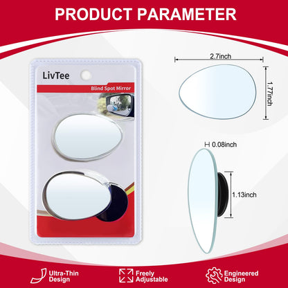 LivTee Blind Spot Mirror, 2" Round HD Glass Frameless Convex Rear View Mirrors Exterior Accessories with Wide Angle Adjustable Stick for Car SUV and Trucks, Pack of 2