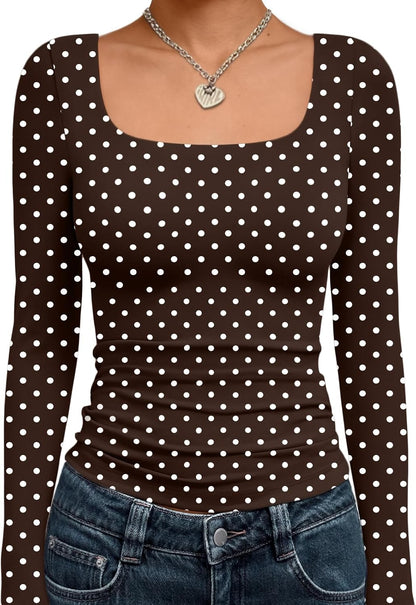 Trendy Queen Womens Square Neck Long Sleeve Shirts Double Lined Fall Tops