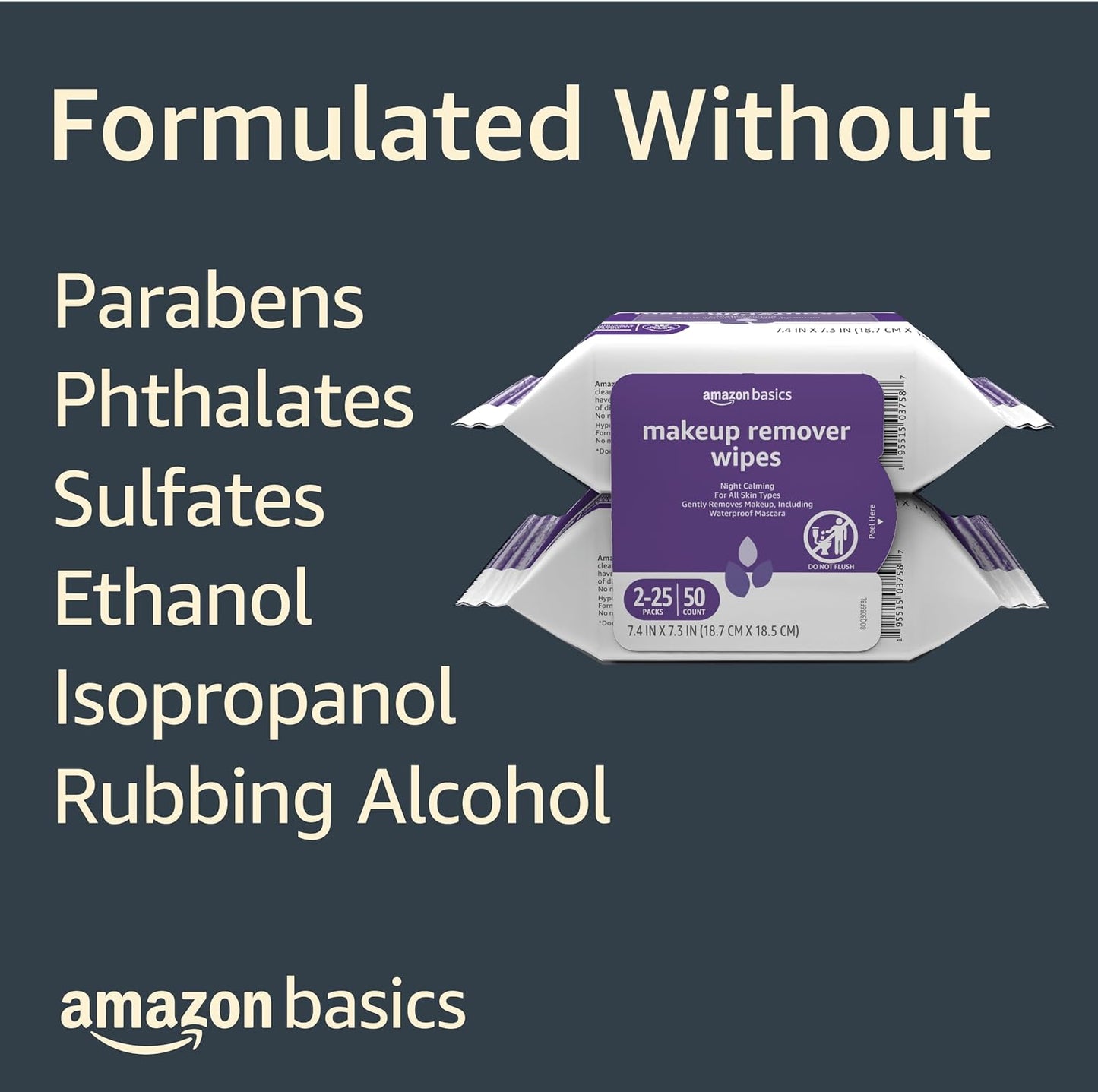Amazon Basics Makeup Remover Wipes, Fragrance-Free, Alcohol-Free, Gentle Cleansing, Plant-Based, Dermatologist Tested, Removes Waterproof Mascara, Resealable, 25 Count, 1-Pack
