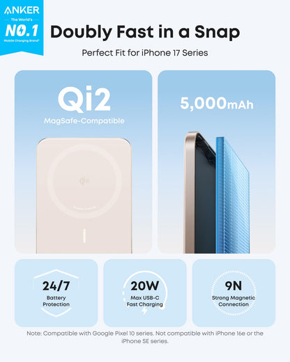Anker Nano Magnetic Power Bank, 5,000mAh Qi2-Certified 15W Portable Charger
