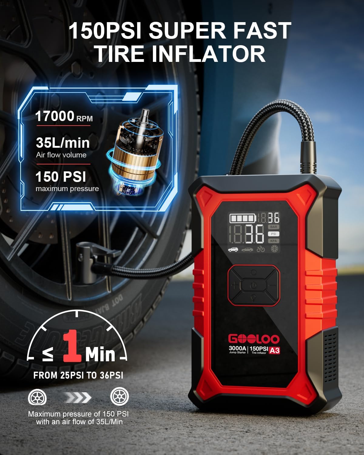 GOOLOO A3 12V 3000A Portable Jump Starter with Air Compressor