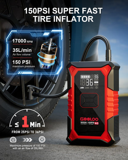 GOOLOO A3 12V 3000A Portable Jump Starter with Air Compressor
