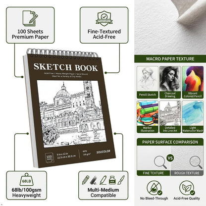 Soucolor Sketch Book 9" x 12", 100 Sheets Kids Art Sketchbook Drawing Pad