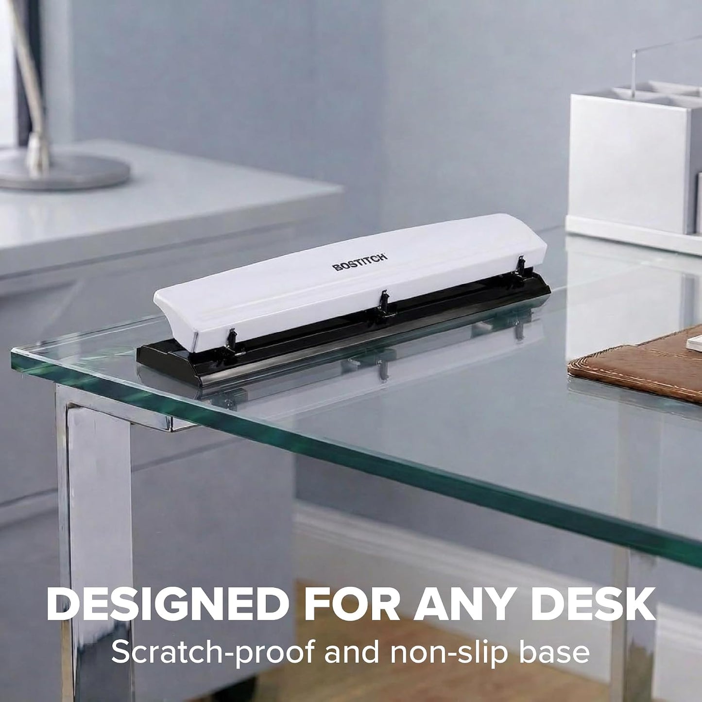 Bostitch Office Premium 3 Hole Punch, 12 Sheet Capacity, Metal, Rubber Base, Easy-Clean Tray, Silver