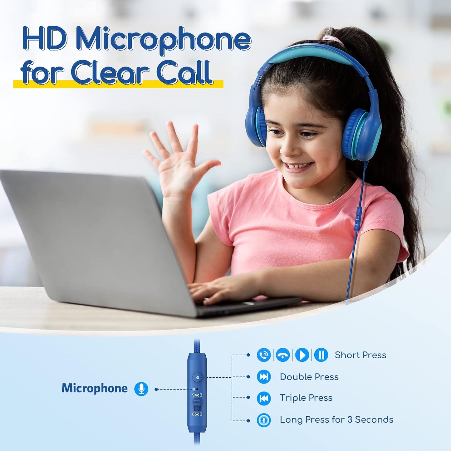 EarFun K1 Kids Headphones Wired with Mic, Volume Limit Headphones for Kids