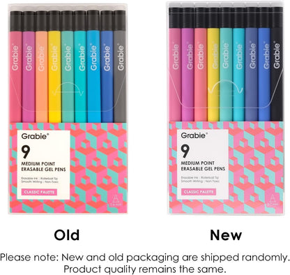 Grabie Erasable Gel Pens, 9 Medium Point 0.7 mm Pens, Classic