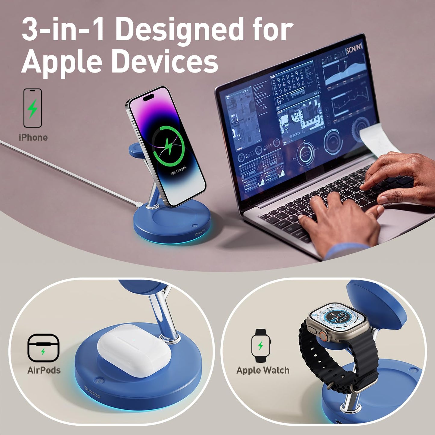 3 in 1 Mag-Safe Wireless Charger Stand for iPhone Apple Watch AirPods