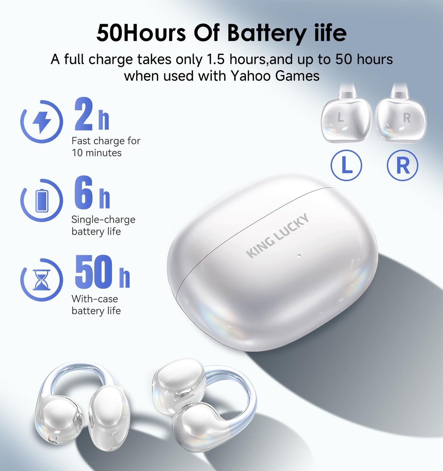 King Lucky Clip-On Earbuds Gen 3, Open-Ear Wireless Bluetooth 6.0 Headphones with Mic, Secure Fit for Small Ears & Glasses Wearers, 50H Playtime, ENC, IPX5 Waterproof Sport Ear Buds (Purple)