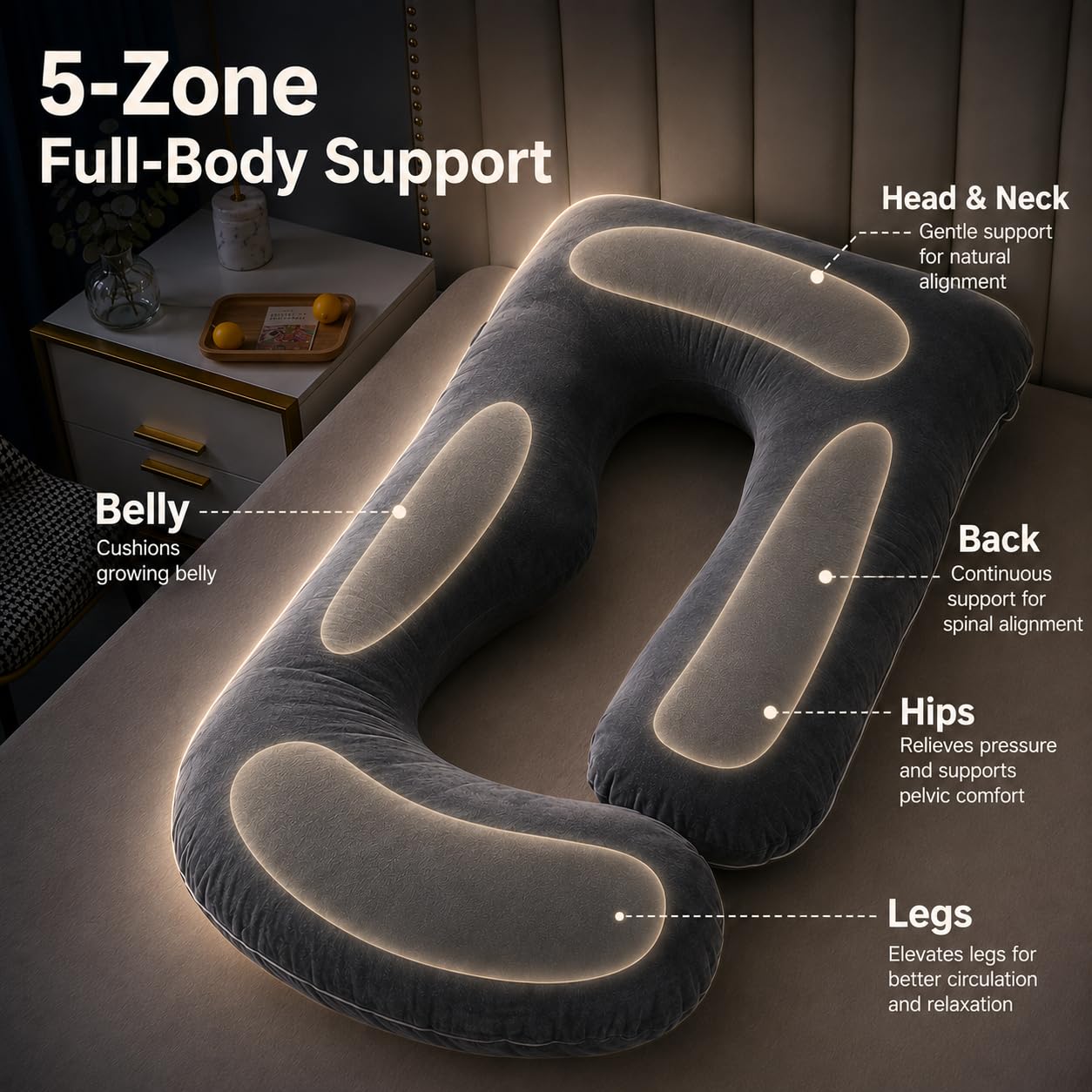 ALLOPERA Pregnancy Pillow, Full Body Maternity Pillow 57 inch, with Removable Washable Cover - Sleep Support for Legs, Back, Neck, Shoulder, HIPS, Belly, Velvet Cover-Grey-Dark Blue