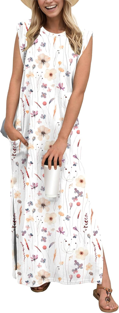 GRECERELLE 2026 Women Year-Round Casual Round Neck Loose Split Wrinkle-Free Long Maxi Vacation Dress with Pockets (XXS-4XL)