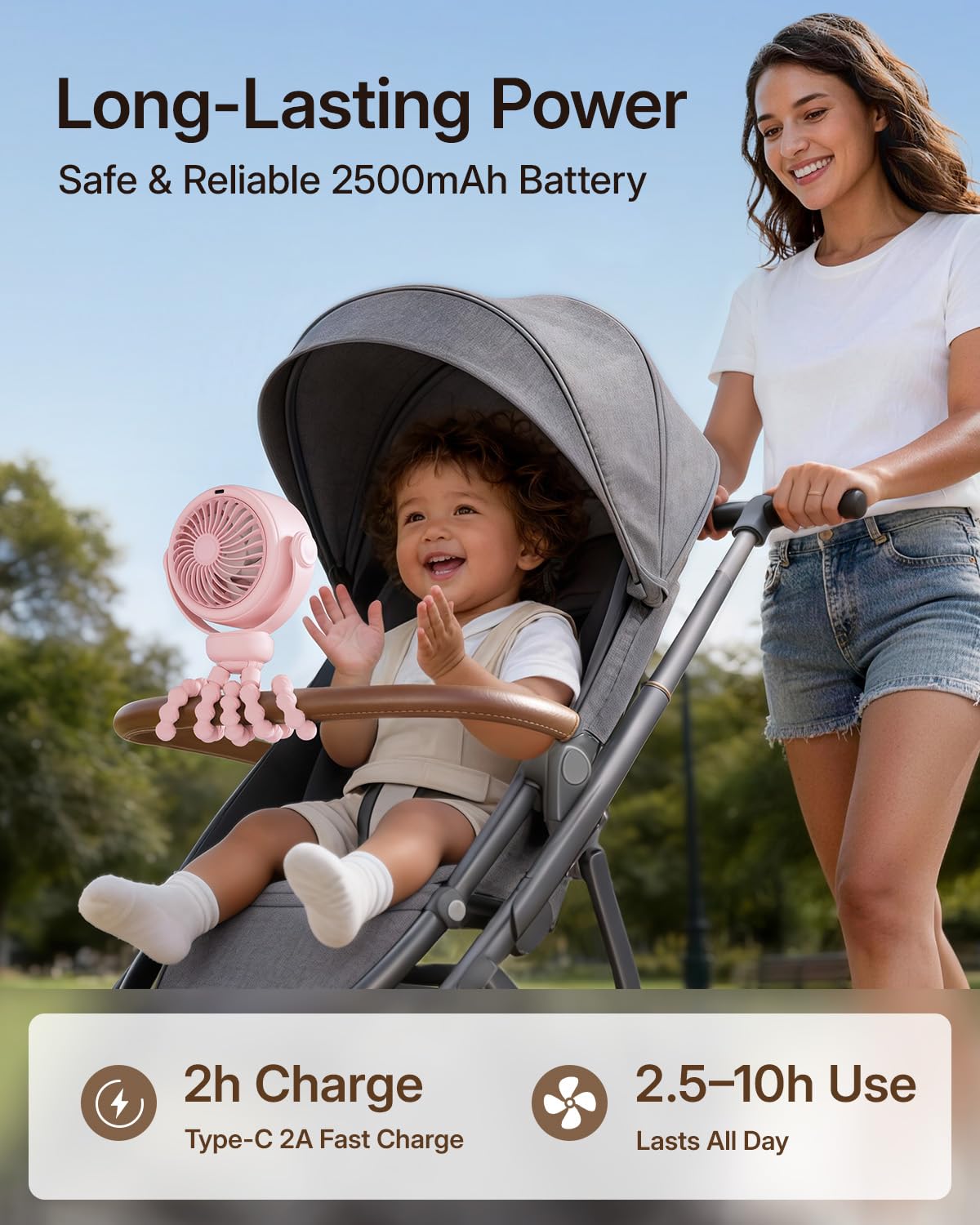 SWEETFULL Portable Stroller Fan, Pinch-Proof Baby Fan - Cream