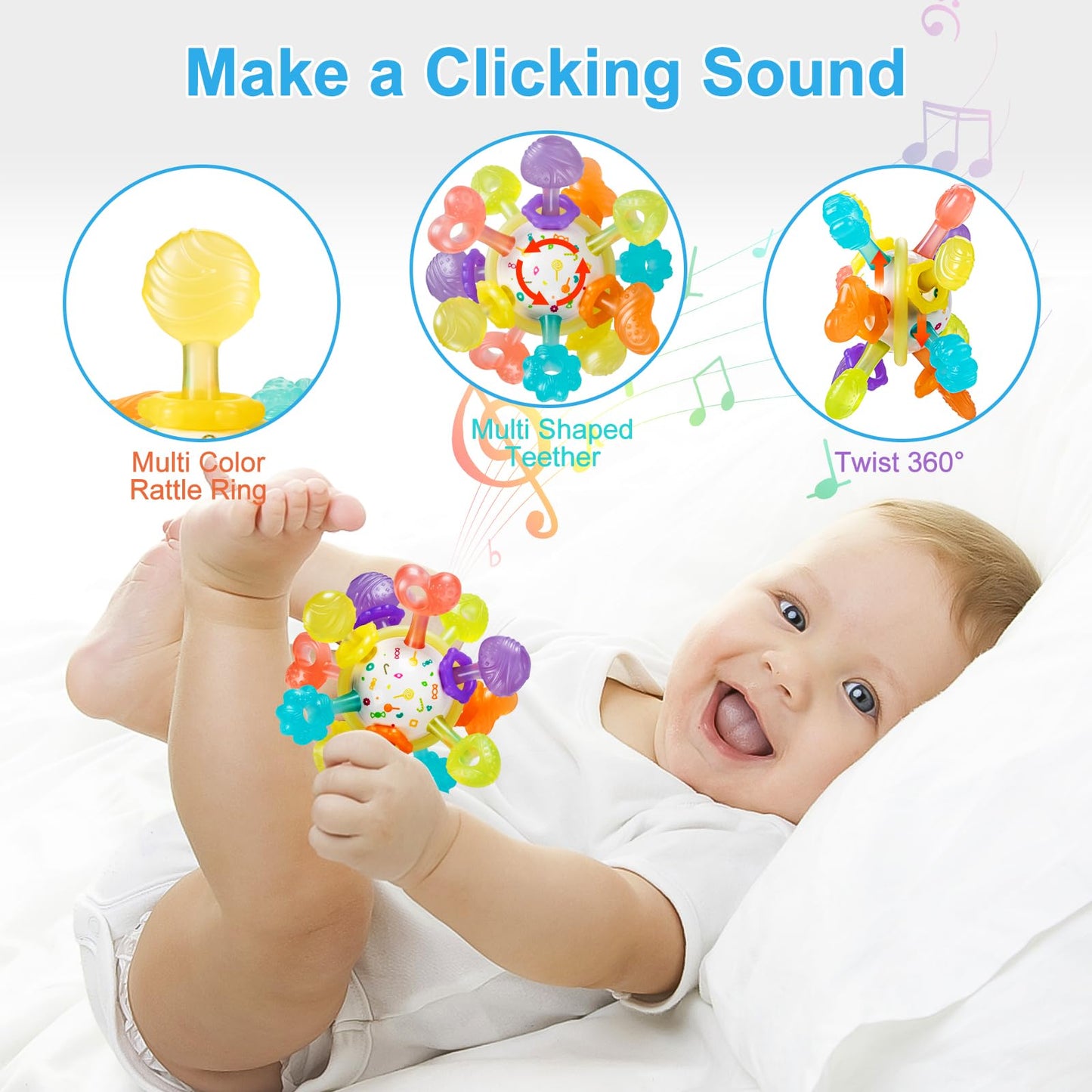Baby Montessori Sensory Teething Toy 0-6 6-12 Months, Teether Ball & Rattle