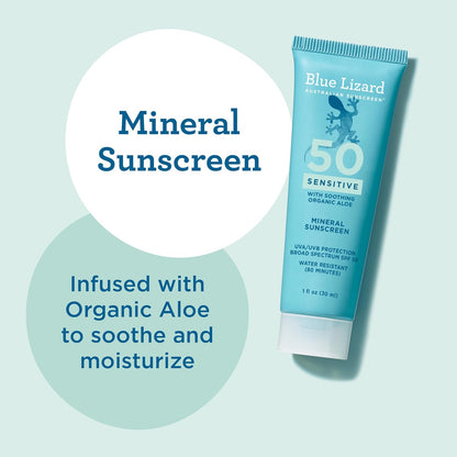 Blue Lizard Sensitive Mineral SPF 50 Sunscreen Lotion, 100% Mineral Sunscreen, UVA/UVB Protection, Infused with organic Aloe Vera, Soothes and Hydrates, 5 fl oz