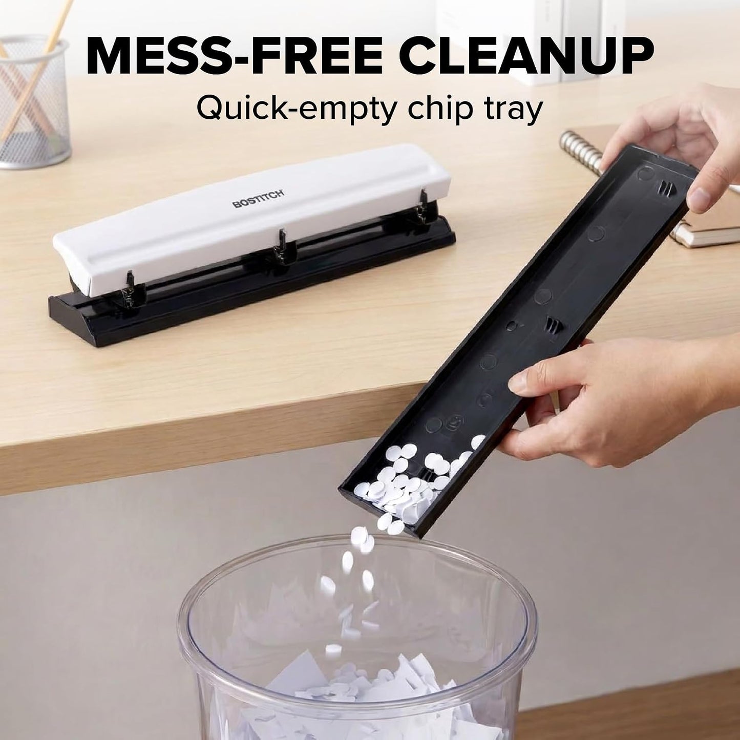 Bostitch Office Premium 3 Hole Punch, 12 Sheet Capacity, Metal, Rubber Base, Easy-Clean Tray, Silver