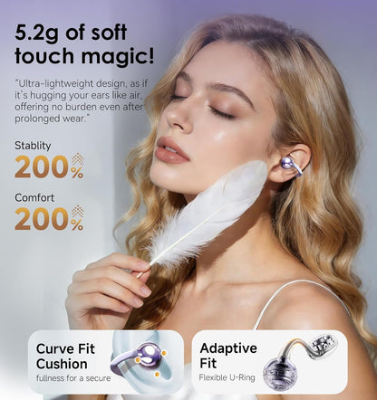 King Lucky Clip-On Earbuds Gen 3, Open-Ear Wireless Bluetooth 6.0 Headphones with Mic, Secure Fit for Small Ears & Glasses Wearers, 50H Playtime, ENC, IPX5 Waterproof Sport Ear Buds (Purple)