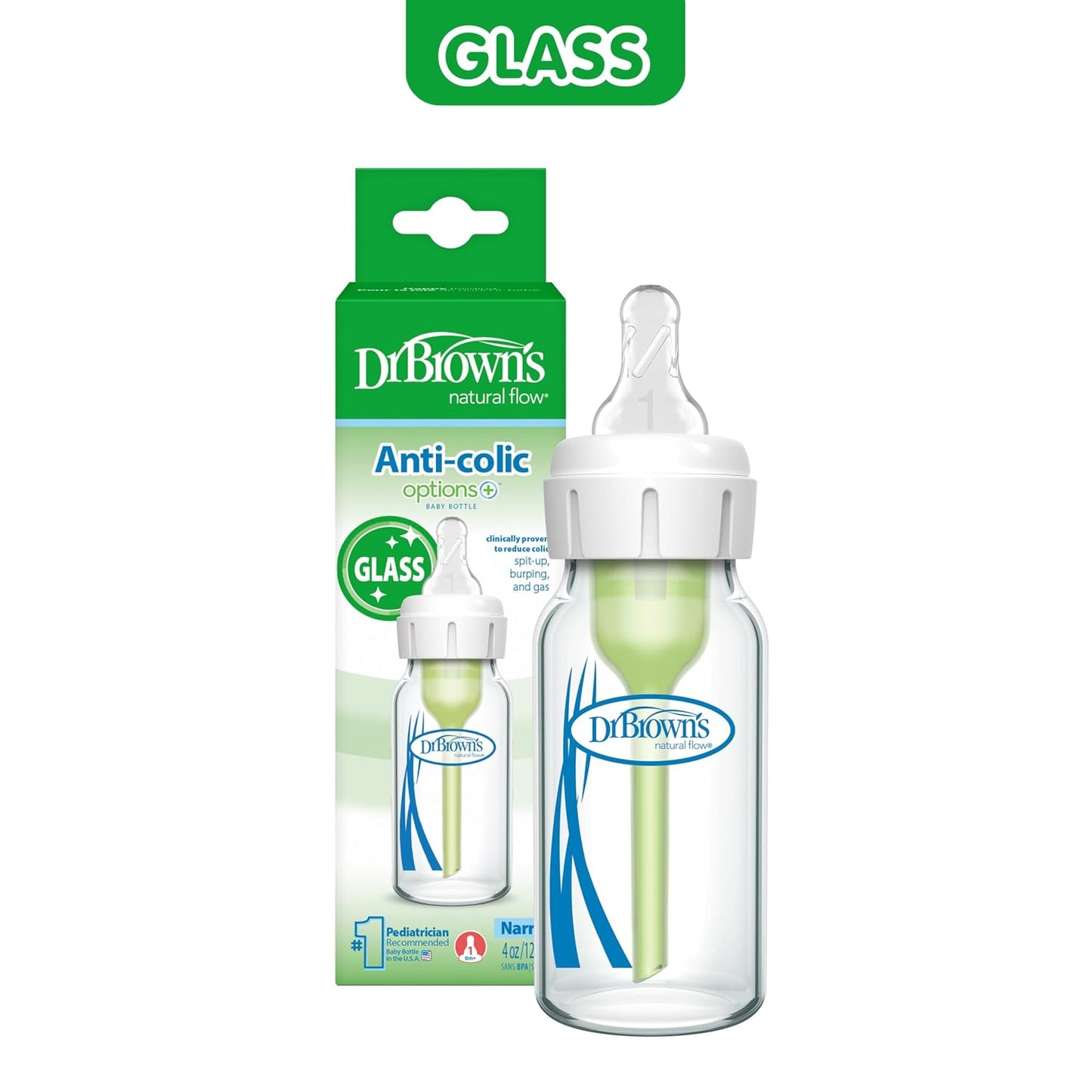 Dr. Brown's Anti-Colic Options+ Narrow Glass Baby Bottle, 8 oz, 1-Pack