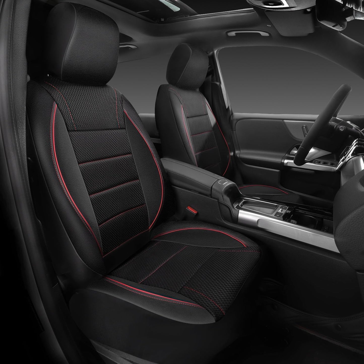 CAR PASS Universal FIT Piping Leather Car Seat Cover, for suvs,Van,Trucks,Airbag Compatible,Inside Zipper Design and Reserved Opening Holes (Full Set, Black and Red)