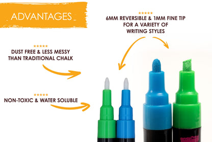 Bandle B. Chalk Markers - 8 Vibrant, Erasable, Non-Toxic, Water-Based, Reversible Tips. For Glass or Chalkboard Markers for Businesses, Restaurants, Liquid Drawing Chalk (Vibrant 6mm)