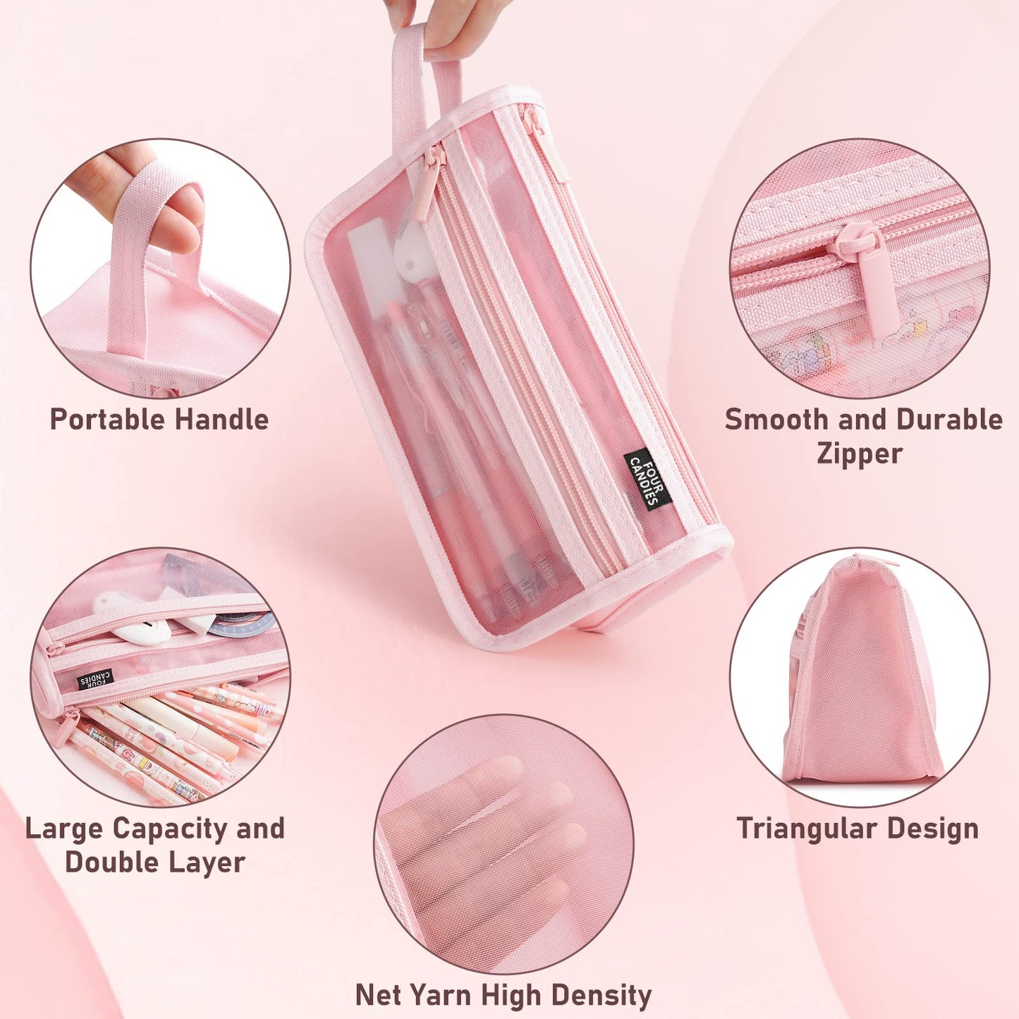 Four Candies Grid Mesh Pencil Case, Clear Double-layer with Handle (Purple)