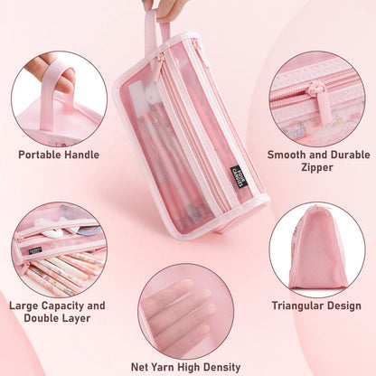 Four Candies Grid Mesh Pencil Case, Clear Double-layer with Handle (Purple)