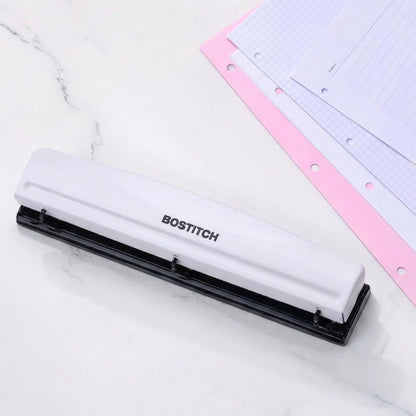 Bostitch Office Premium 3 Hole Punch, 12 Sheet Capacity, Metal, Rubber Base, Easy-Clean Tray, Silver