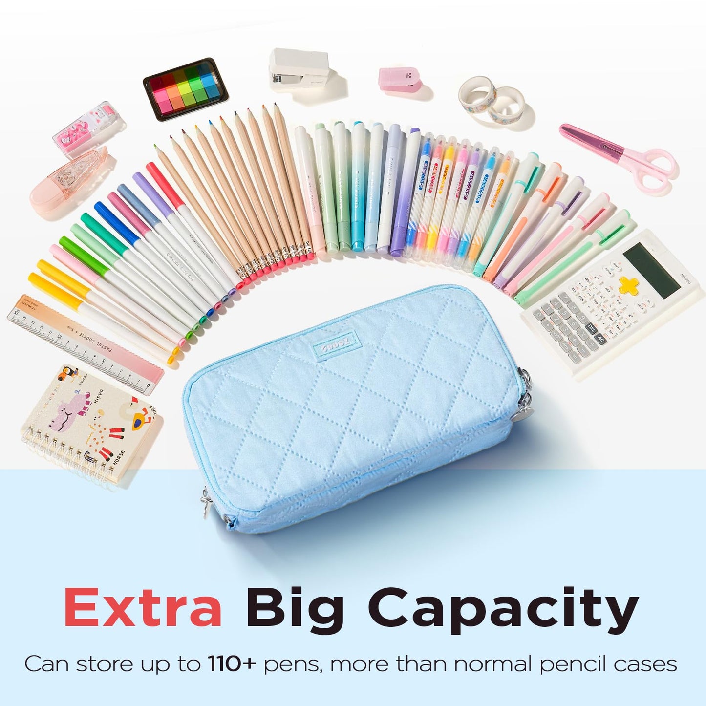 Sooez Large Pencil Case Pouch, Extra Big Pencil Bag with 8 Compartments, Pen Bag Wide Opening, Soft Quilted Pencil Pouch Organizer with Zipper, Portable Pencil Case for Teen Girls, Beige
