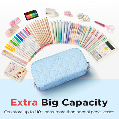 Sooez Large Pencil Case Pouch, Extra Big Pencil Bag with 8 Compartments, Pen Bag Wide Opening, Soft Quilted Pencil Pouch Organizer with Zipper, Portable Pencil Case for Teen Girls, Beige