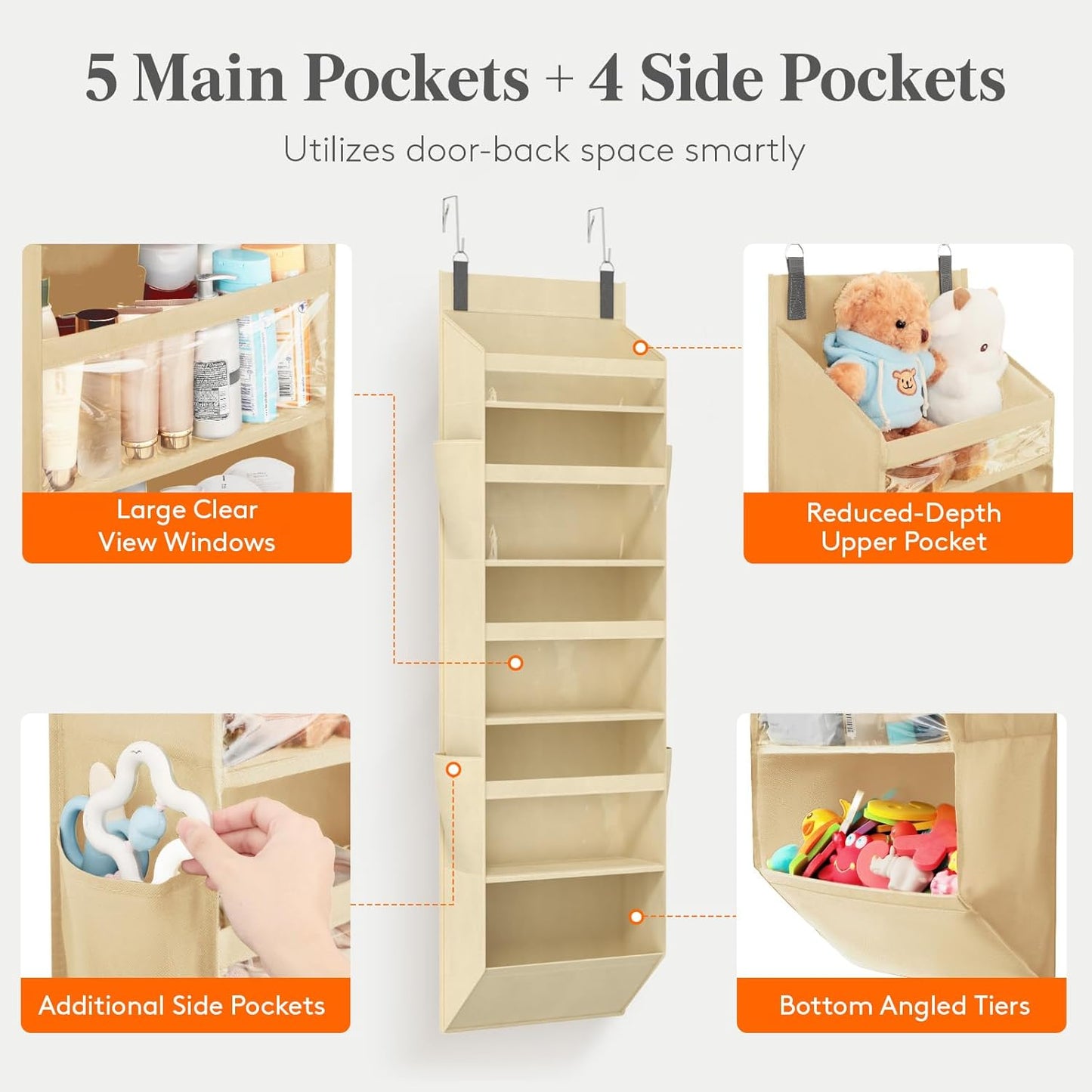 Lifewit 1 Pack Over the Door Organizer, 5 Section Hanging Storage, Beige