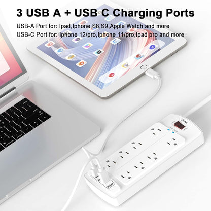 Yintar 6Ft Surge Protector Power Strip with 8 Outlets and 4 USB Ports