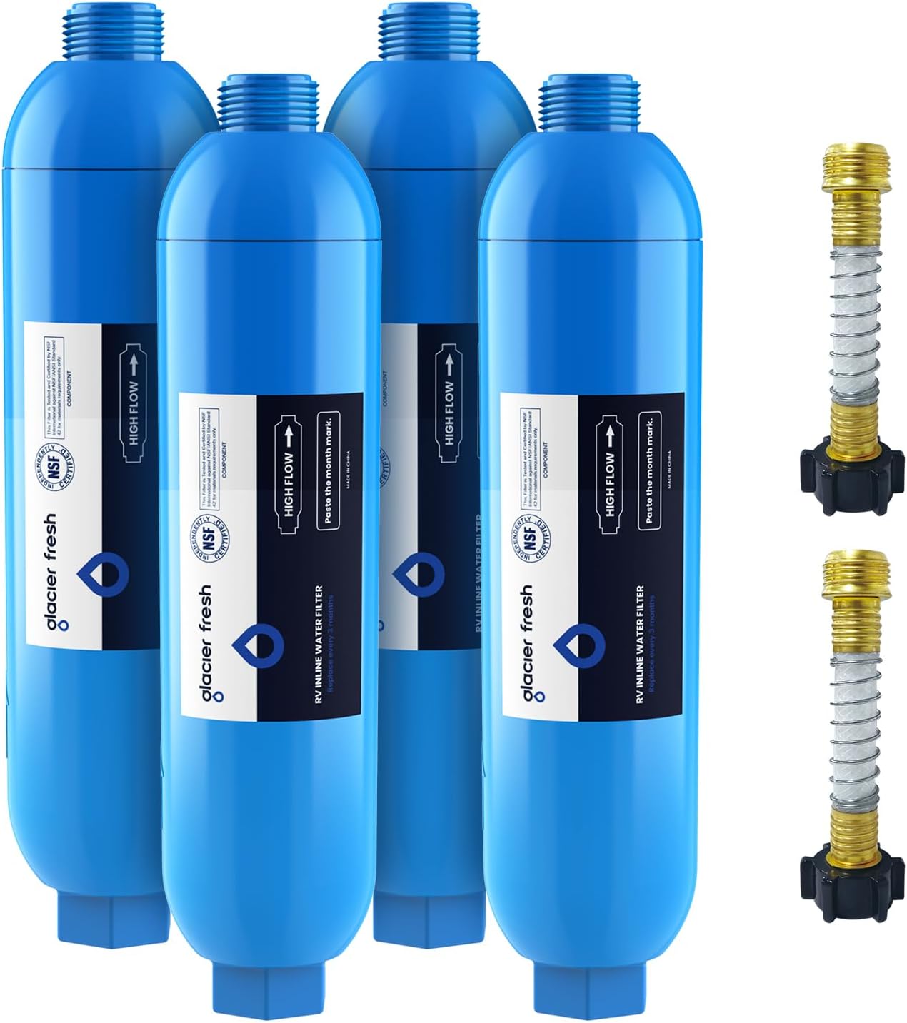 GLACIER FRESH RV/Marine Water Filter with 2 Flexible Hose Protectors 4 Pack