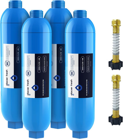 GLACIER FRESH RV/Marine Water Filter with 2 Flexible Hose Protectors 4 Pack