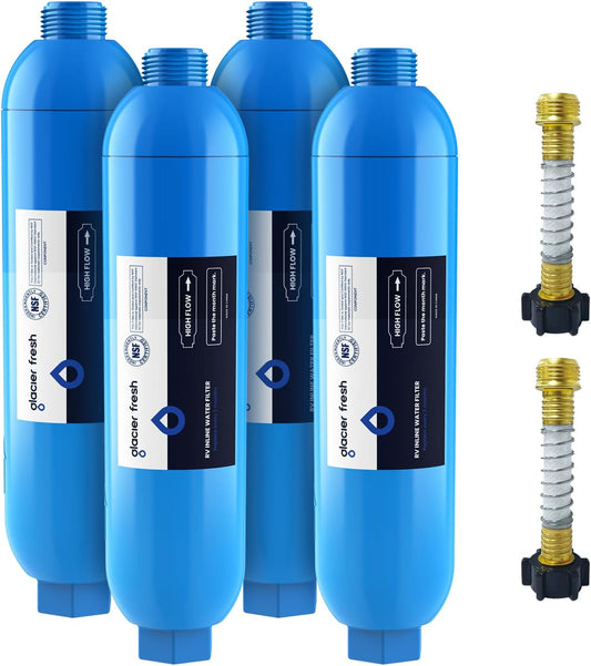 GLACIER FRESH RV/Marine Water Filter with 2 Flexible Hose Protectors 4 Pack