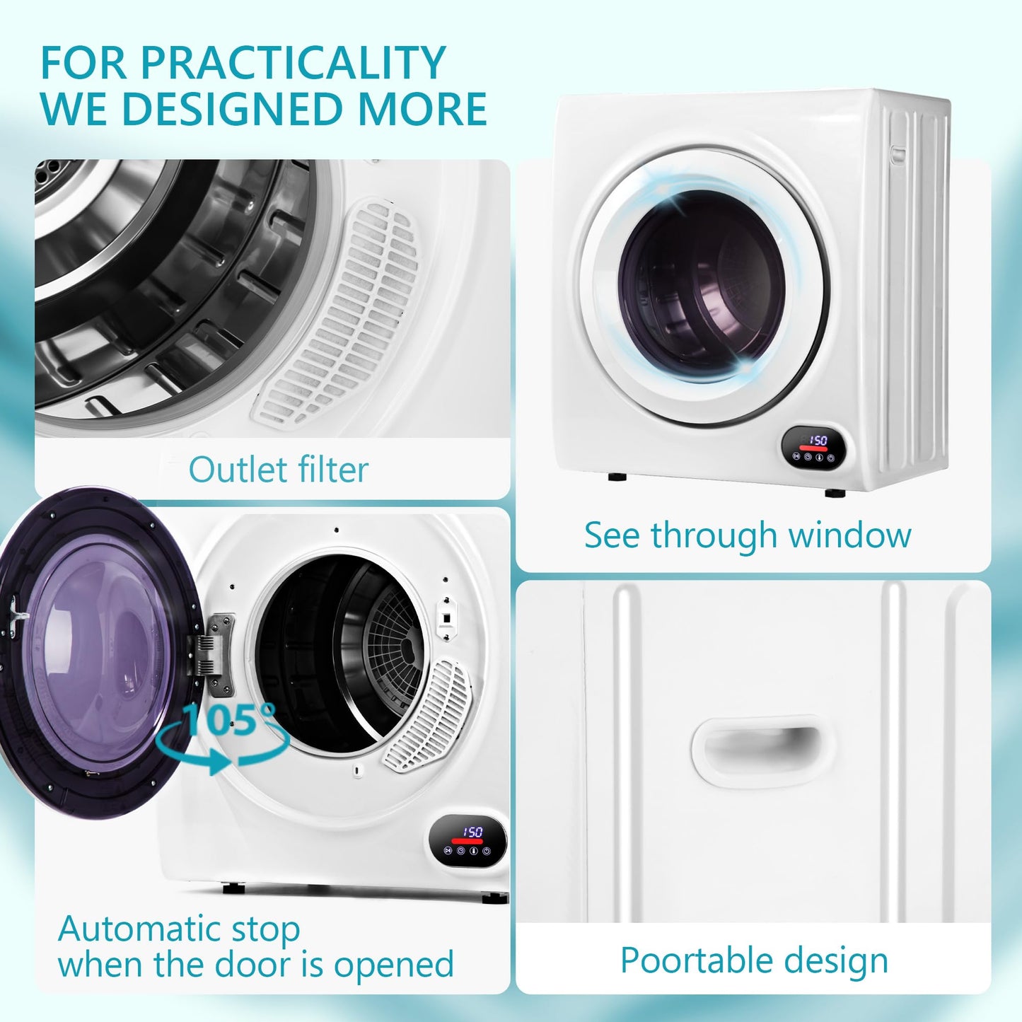 Euhomy Portable Clothes Dryer for Laundry, 1.5 Cu. Ft. Small Portable Dryers for Clothes, 120V Electric Dryer with Stainless Steel Drum, 850W Dryer Machine for Apartments, White