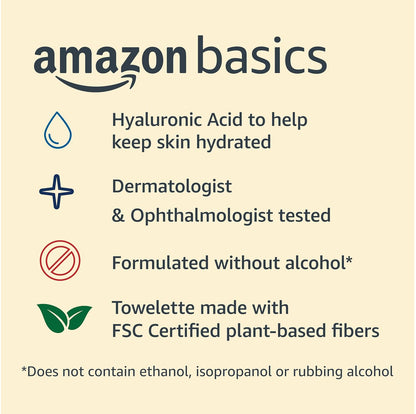 Amazon Basics Makeup Remover Wipes, Fragrance-Free, Alcohol-Free, Gentle Cleansing, Plant-Based, Dermatologist Tested, Removes Waterproof Mascara, Resealable, 25 Count, 1-Pack