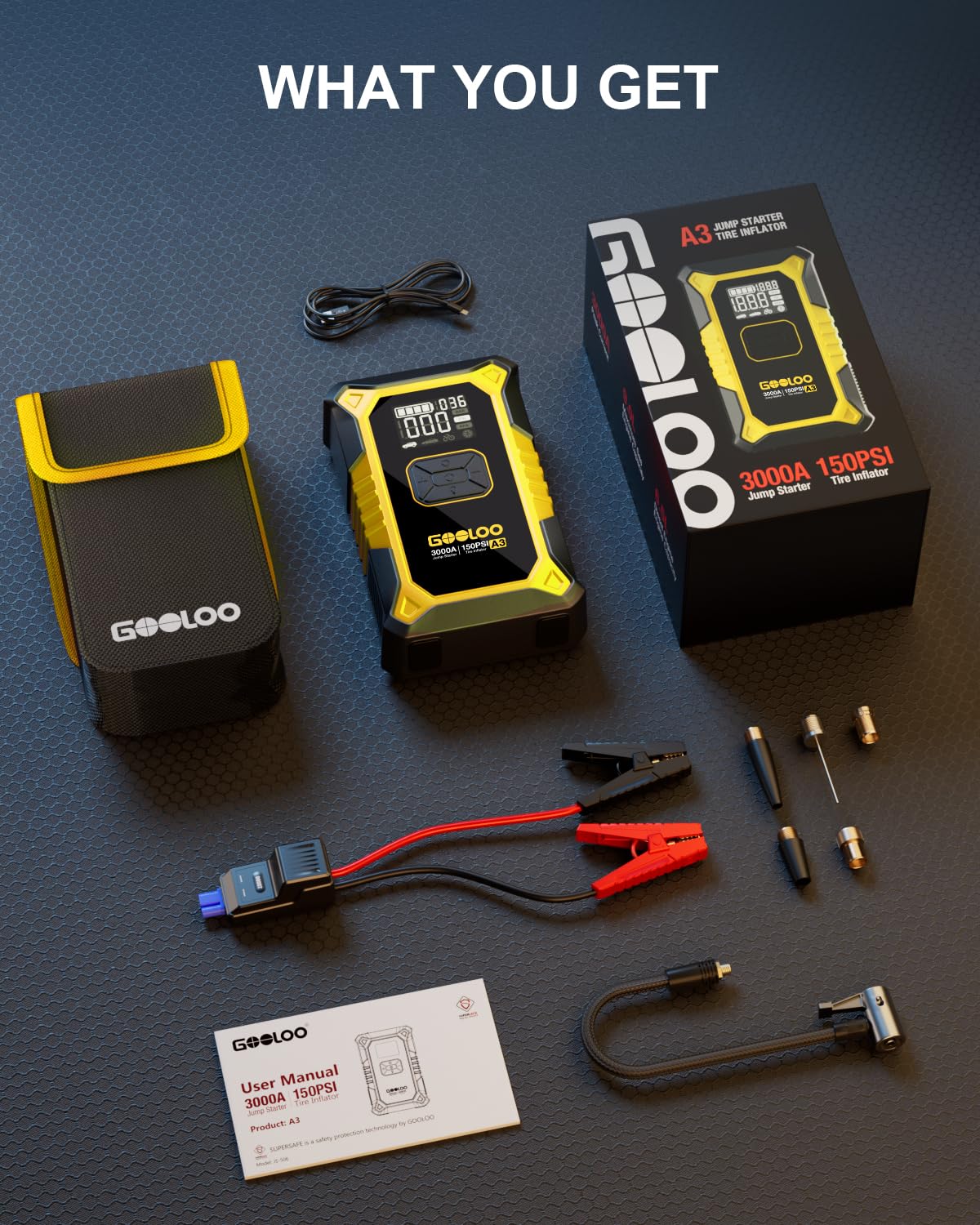 GOOLOO A3 12V 3000A Portable Jump Starter with Air Compressor