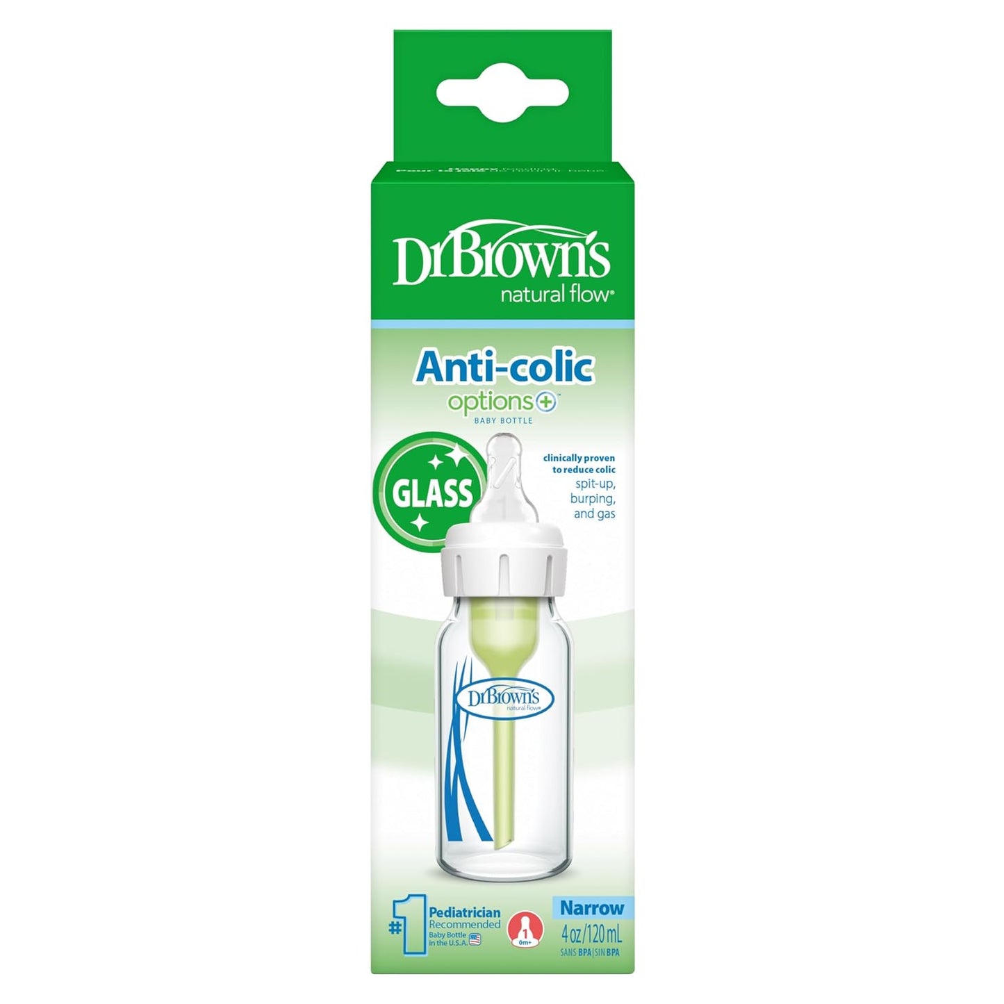 Dr. Brown's Anti-Colic Options+ Narrow Glass Baby Bottle, 8 oz, 1-Pack
