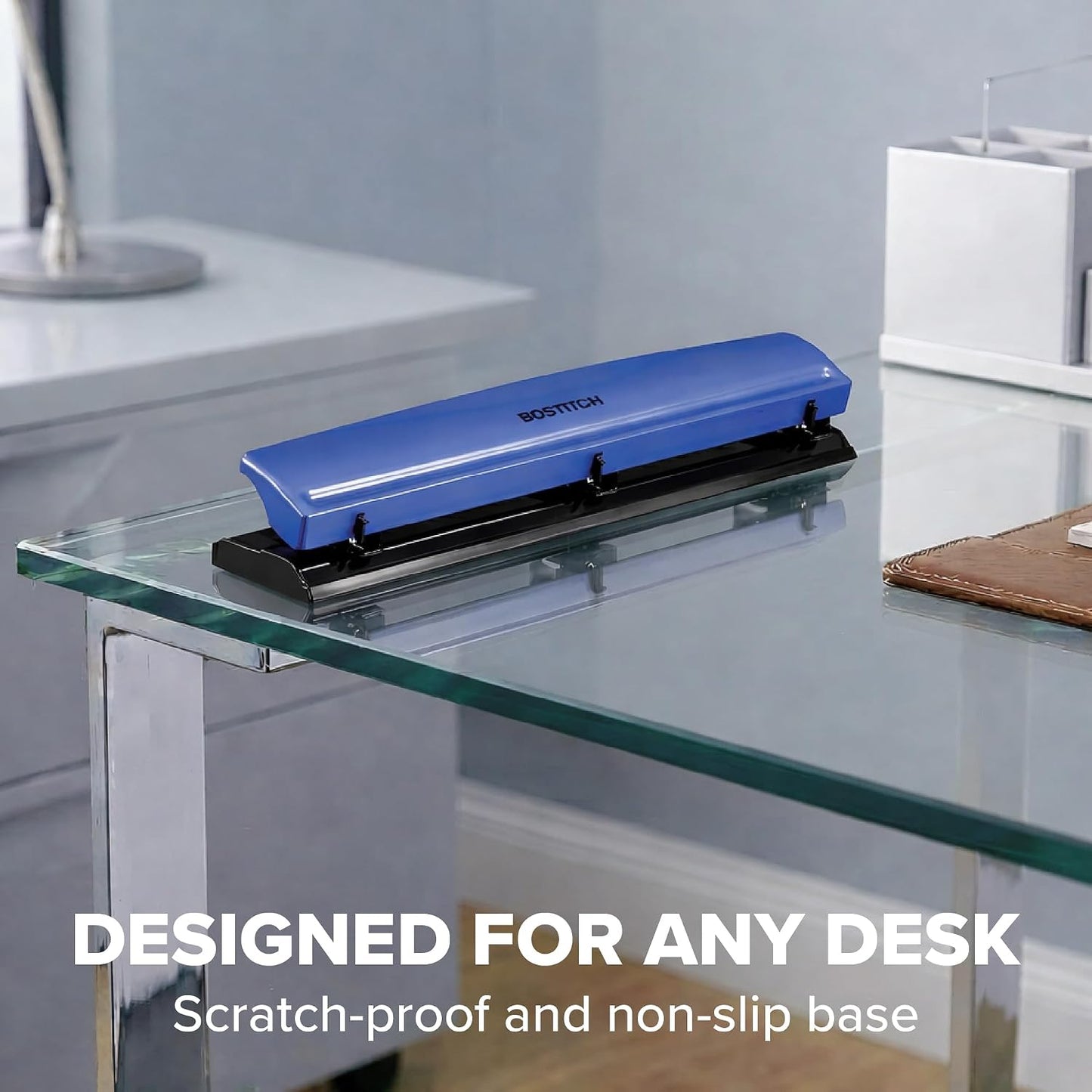 Bostitch Office Premium 3 Hole Punch, 12 Sheet Capacity, Metal, Rubber Base, Easy-Clean Tray, Silver