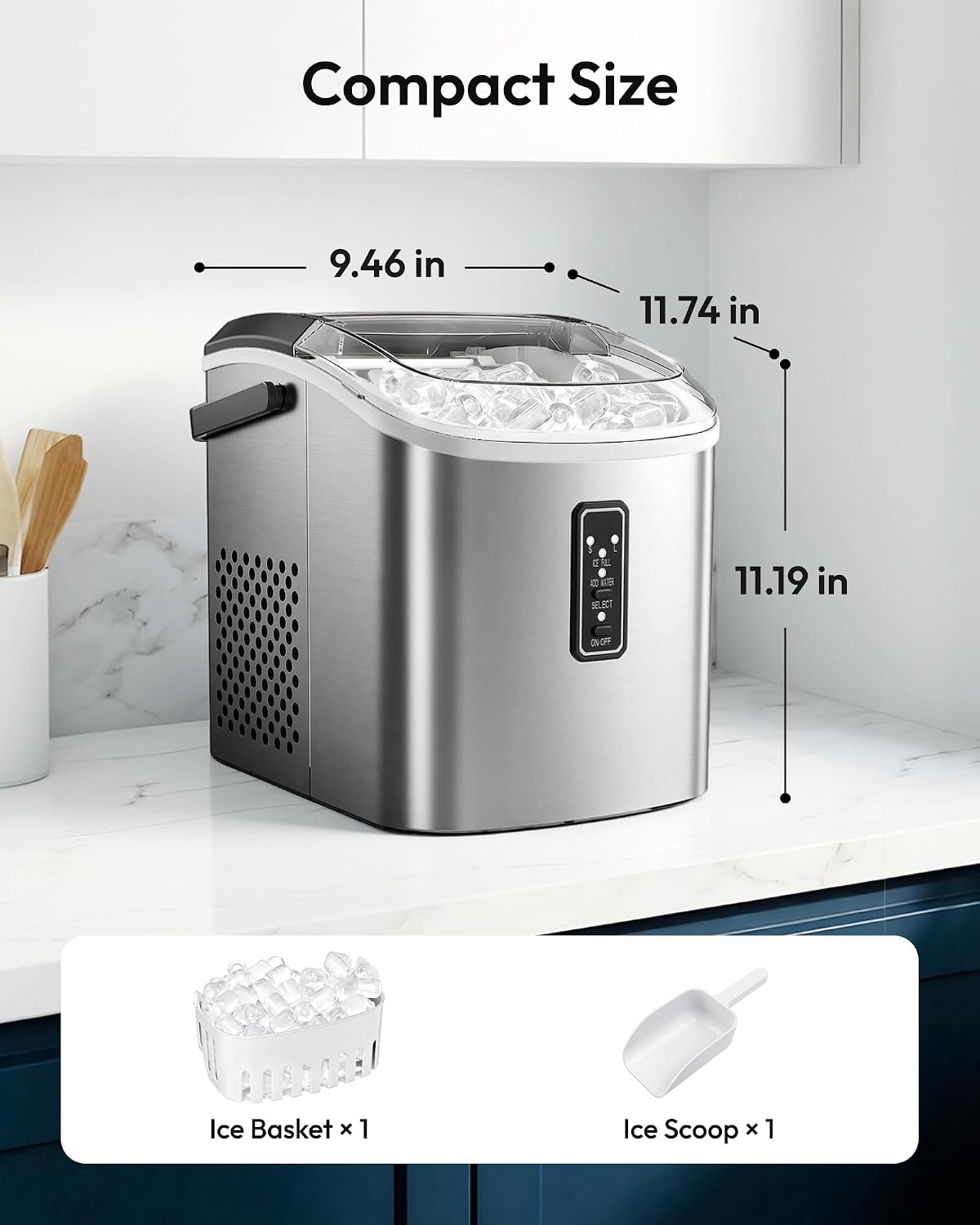 EUHOMY Ice Maker Countertop, 9 Cubes Ready in 6 Mins, 26lbs/24H, Self-Cleaning, Portable Ice Maker Machine with Carry Handle, Basket and Scoop, 2 Sizes of Bullet Ice for Home, Kitchen, Office