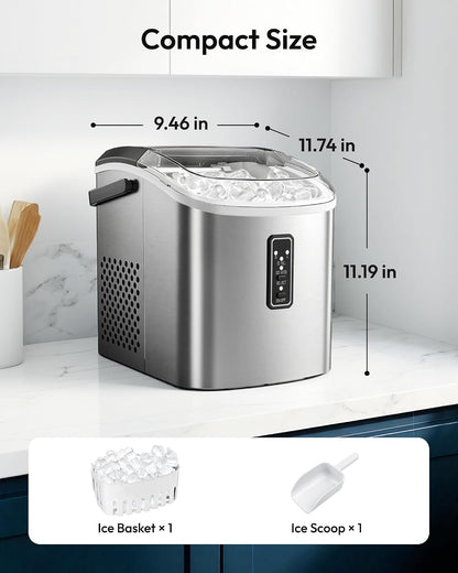 EUHOMY Ice Maker Countertop, 9 Cubes Ready in 6 Mins, 26lbs/24H, Self-Cleaning, Portable Ice Maker Machine with Carry Handle, Basket and Scoop, 2 Sizes of Bullet Ice for Home, Kitchen, Office
