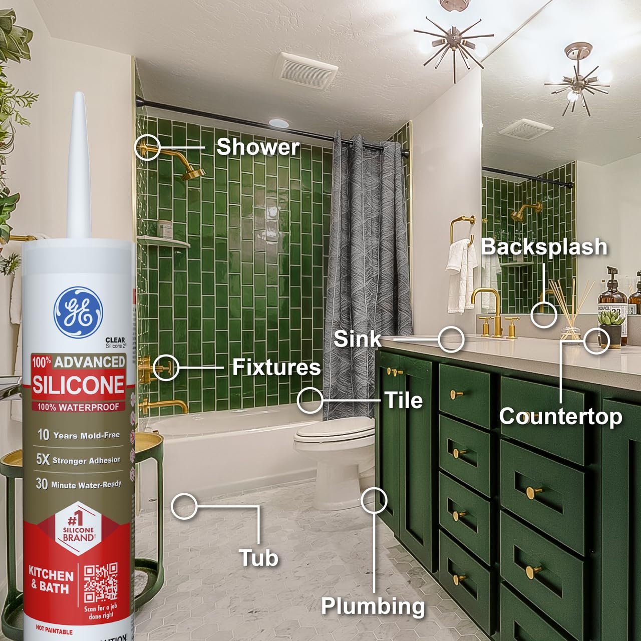 GE Advanced Silicone Caulk for Kitchen & Bathroom, White, 10 fl oz Cartridge, 1 Pack - 100% Waterproof Silicone Sealant, 5X Stronger Adhesion, Shrink & Crack Proof
