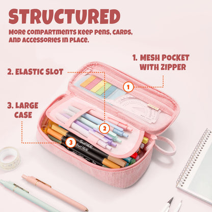 SUNEE Cute Pencil Case, Soft Corduroy Large Capacity Pencil Pouch, Aesthetic Zipper Pencil Bag, Big Storage Pen Organizer for Stationery, Pencil Box Back to School Supplies for Teen Girls Boys, Beige