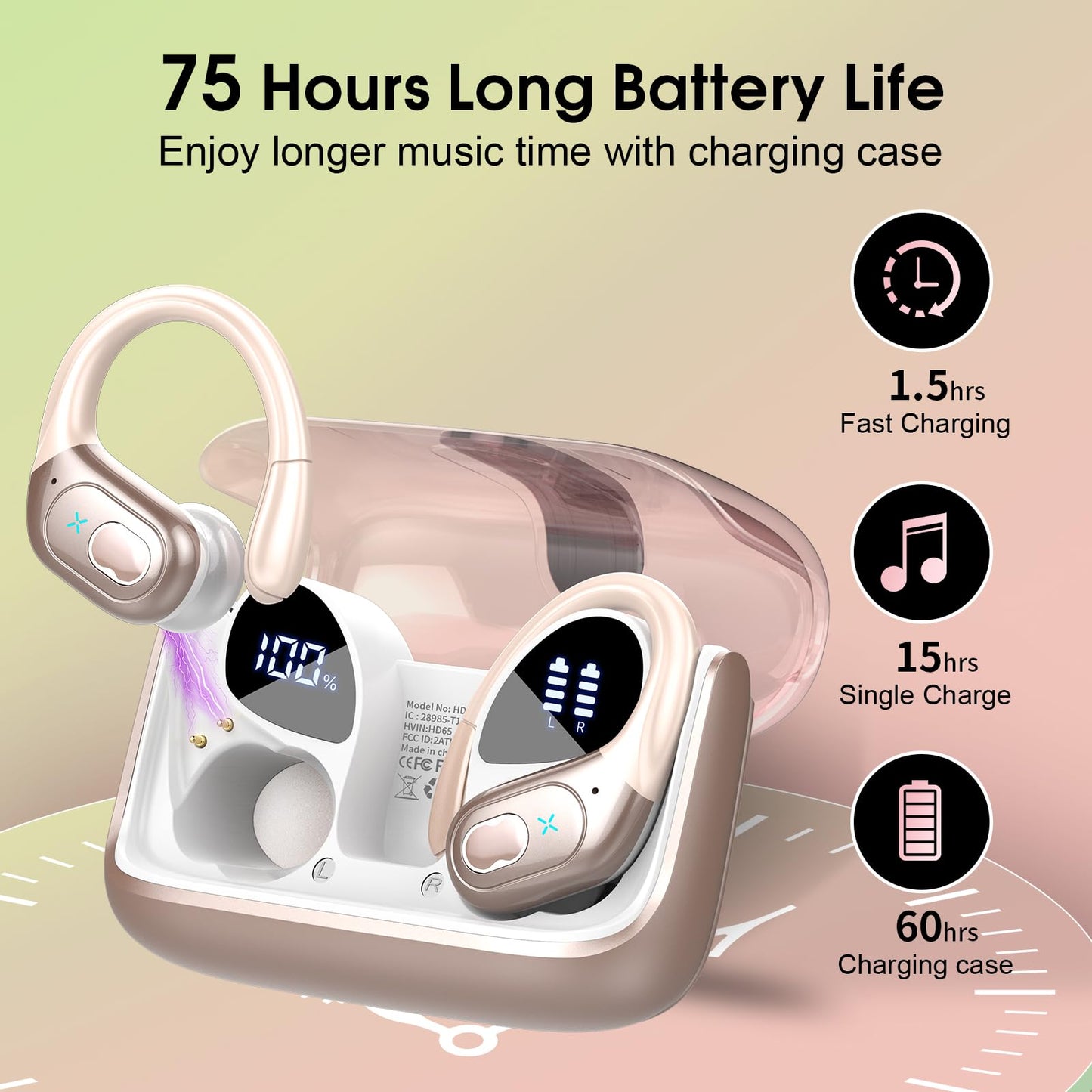 Wireless Earbuds 75H Bluetooth 5.4 Sport Headphones with Earhooks, Black