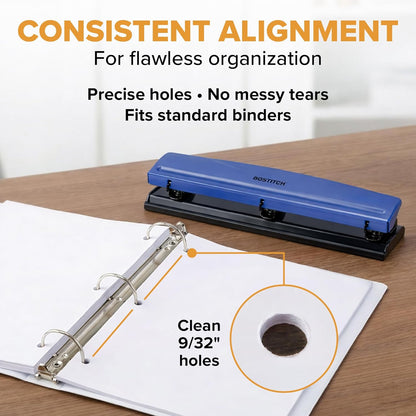 Bostitch Office Premium 3 Hole Punch, 12 Sheet Capacity, Metal, Rubber Base, Easy-Clean Tray, Silver