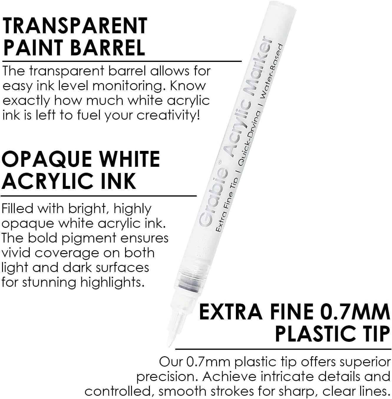 Grabie 6 White Acrylic Paint Markers, 0.7 mm Extra Fine Tip