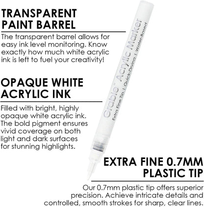 Grabie 6 White Acrylic Paint Markers, 0.7 mm Extra Fine Tip