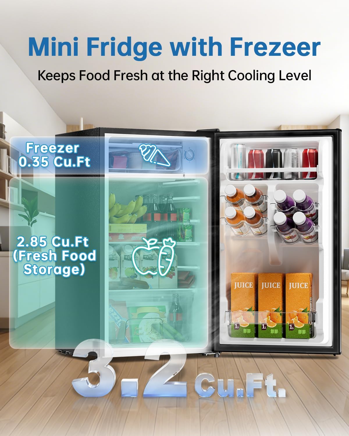 3.2 Cu Ft Mini Fridge with Freezer, Single Door Upright Freezer