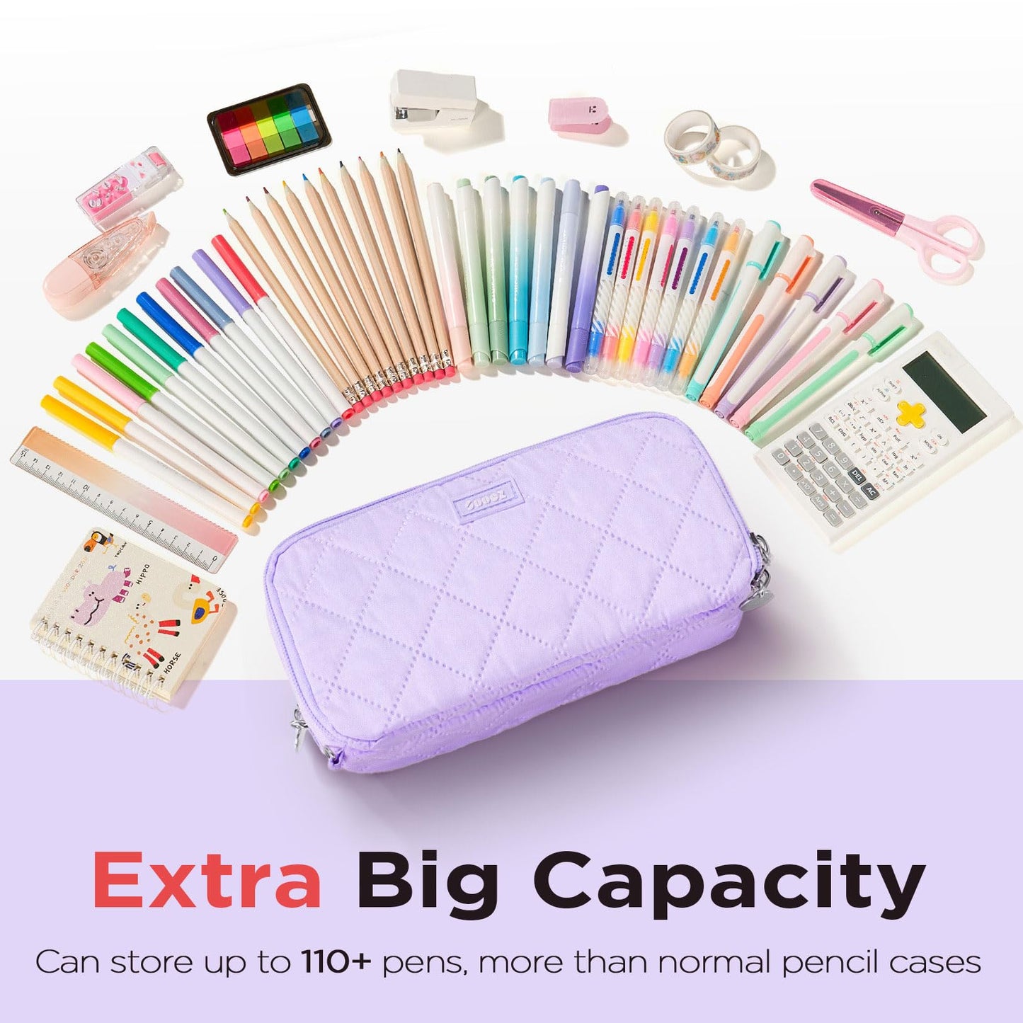 Sooez Large Pencil Case Pouch, Extra Big Pencil Bag with 8 Compartments, Pen Bag Wide Opening, Soft Quilted Pencil Pouch Organizer with Zipper, Portable Pencil Case for Teen Girls, Beige
